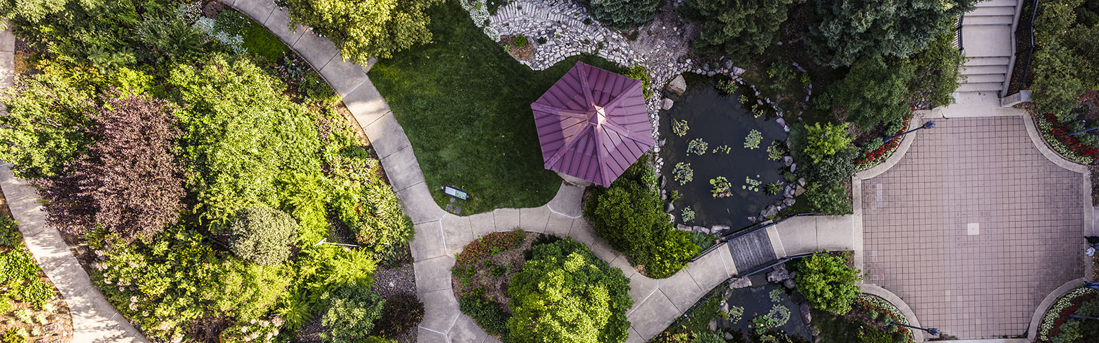 An areal view of the botany garden showing meandering walkways that pass a Koi pond and a gazebo with a red roof. 